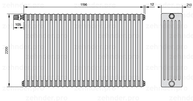Схема (чертеж) Радиатор Zehnder Charleston 6220/26 №V012 Белый глянцевый RAL 9016